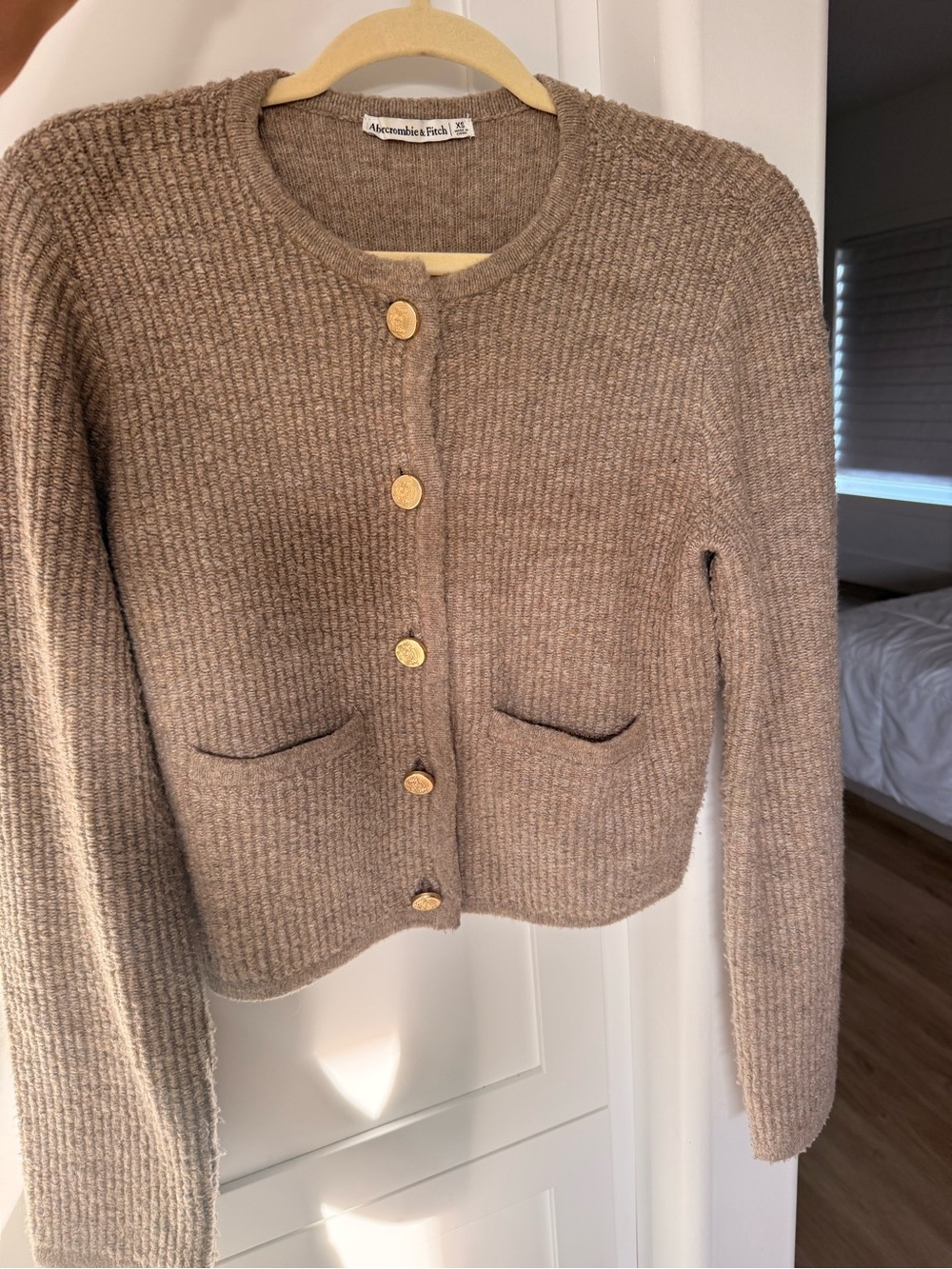 Abercrombie & Fitch Taupe Ribbed Crewneck Button Cardigan
